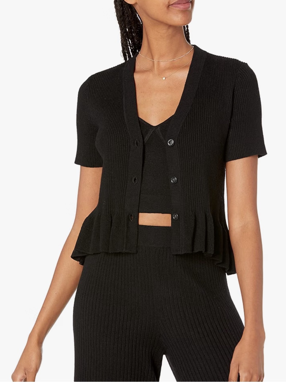 The Drop Catalina Peplum Ruffle Rib Cardigan Sweater & Bralette